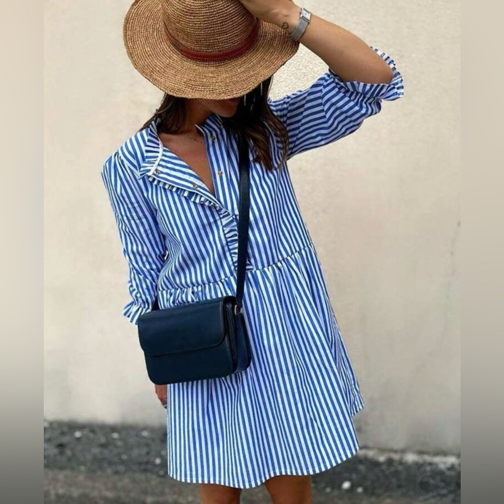 NWOT - SHEIN Blue & White Striped Ruffle Mini Dress – Size Large